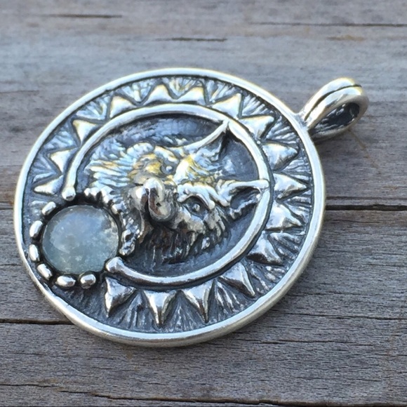 Viking Sun Wolf Pendant solid .925 Sterling Silver w/ genuine Moonstone gem USA - Picture 6 of 8